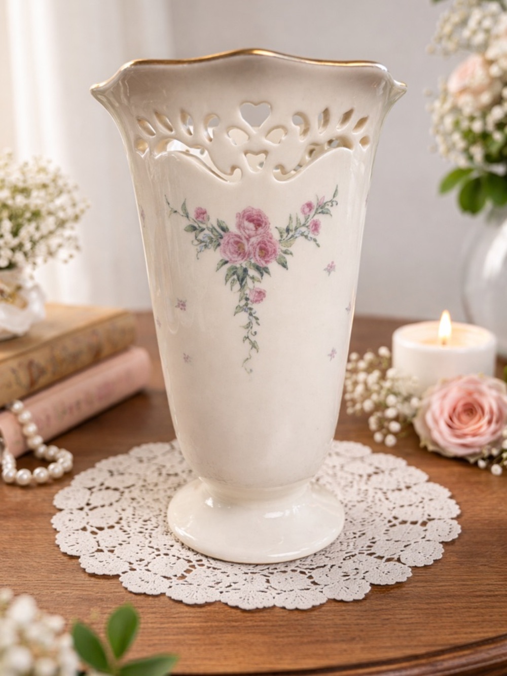 Vintage Lenox Ambassador Collection Reticulated Vase Petite Rose 7” Gold Rim